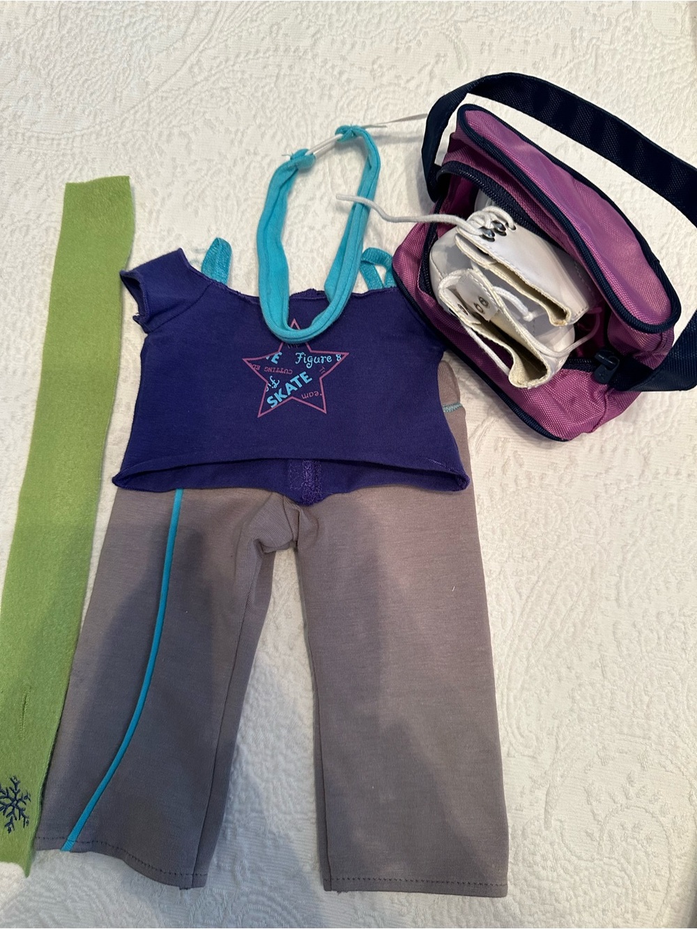 Retired American girl doll ice-skating, outfit, skates, and bag